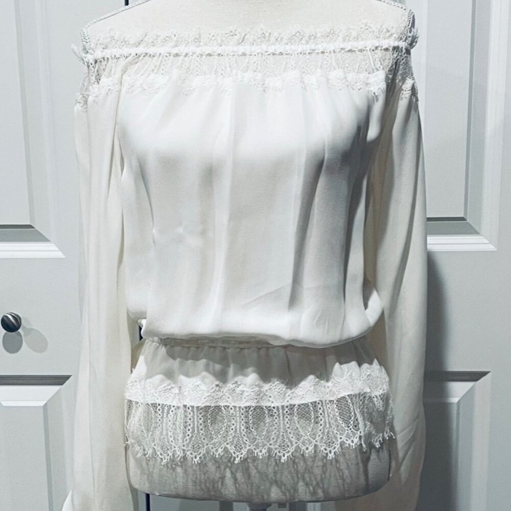 TAMARA MELLON IVORY SILK AND LACE OFF SHOULDER TOP - SZ 0